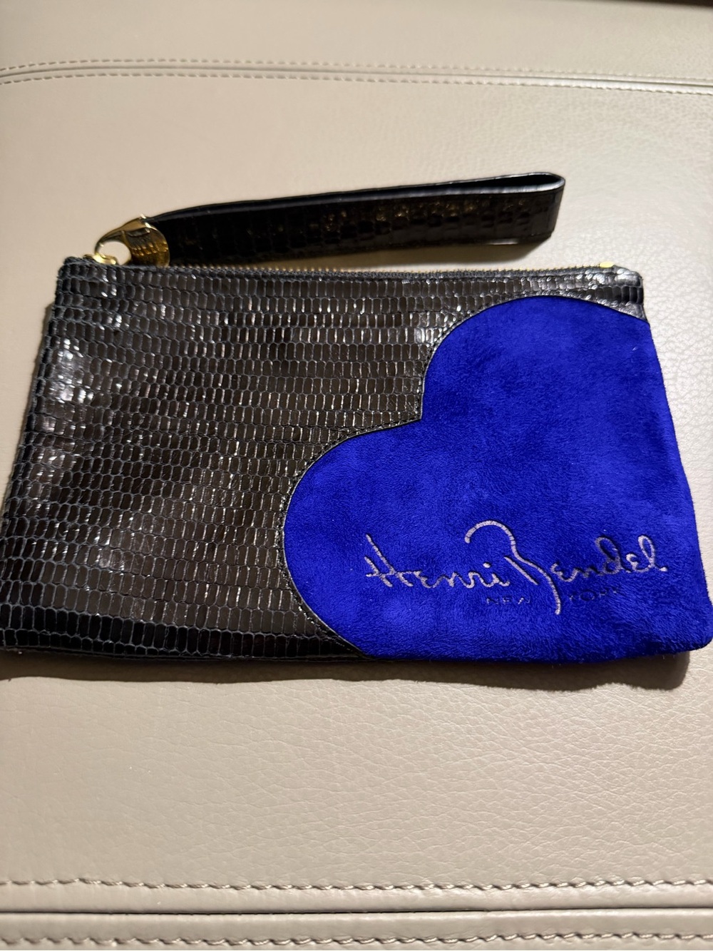 henri bendel Black Embossed Wristlet with Royal Blue Heart